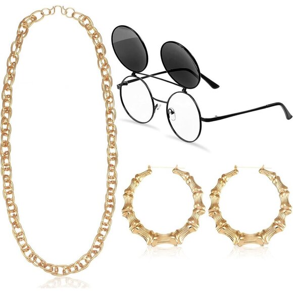 90s Accessories Set Women Men Jewelry Sunglasses Faux Gold Chain Earrings Retro main image 7